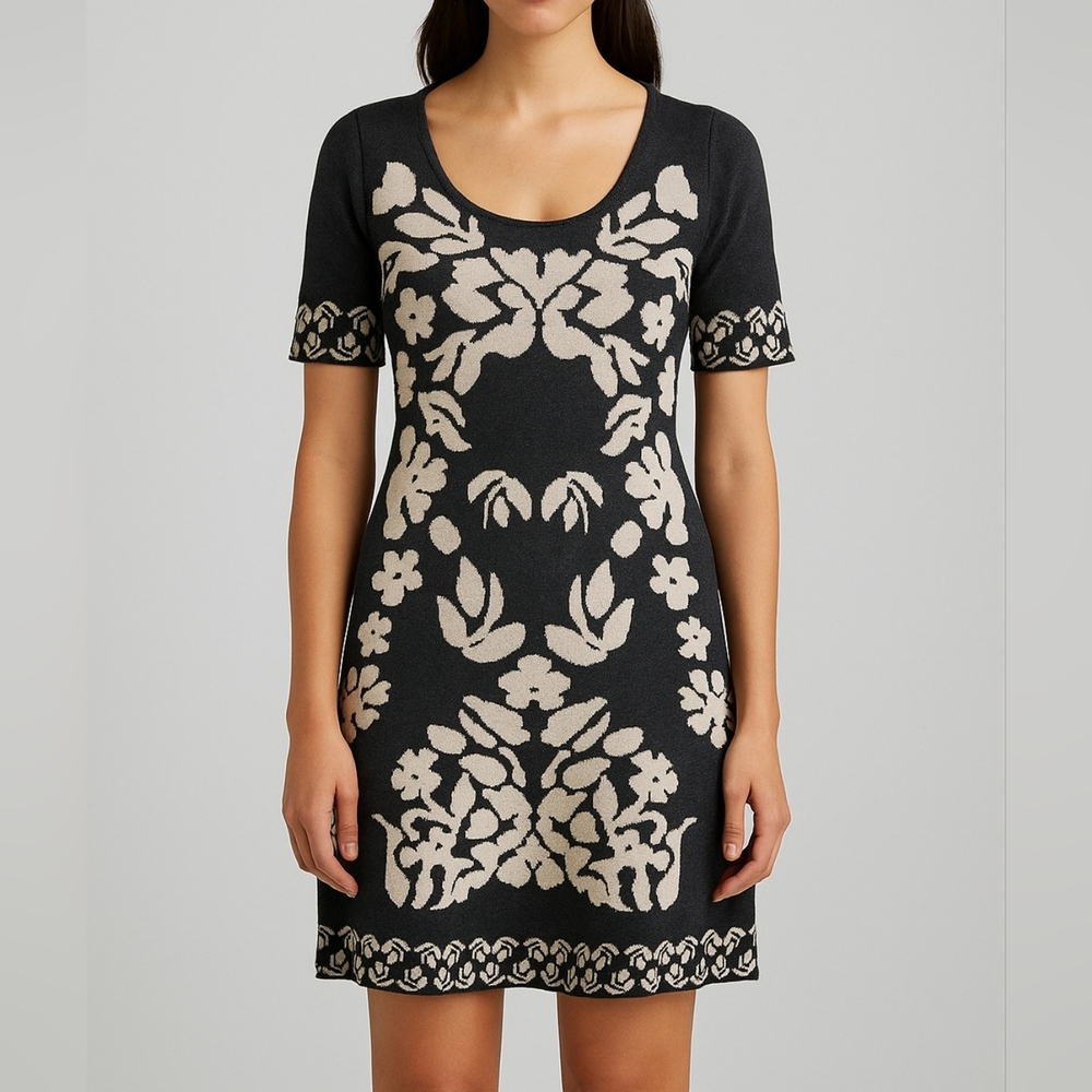 NY Collection Jacquard Knit Sweater Dress S Floral Scoop Neck Short Sleeve